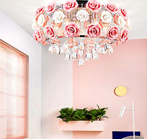 MoreChange 195inch Crystal Ceiling Light Fixtures Flush Mount Ceramic Rose Flowers Chandelier Pendant Lighting with 5-Light E14 Socket for LivingDining Room Bedroom Girl Room