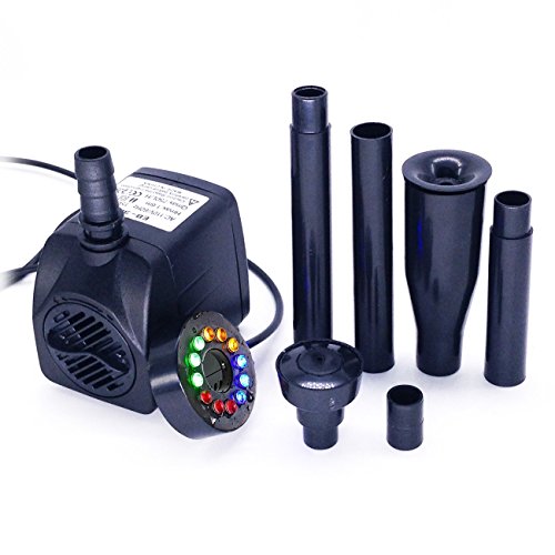 COODIA 15W 200GPH 750LHSubmersible Pump Fountain with 12 RGB color led light include Blossom and mushroom nozzle Flow Adjustable used for Aquarium Pond Fountain Fish Tank Water Hydroponic