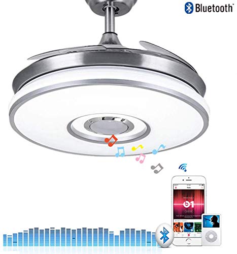 42 Indoor Bluetooth Music Play Ceiling Fan Light with Retractable Blades Remote Control LED Light 3 Colors Switch 3-Speed Silent Motor Fan and Chandelier Modern