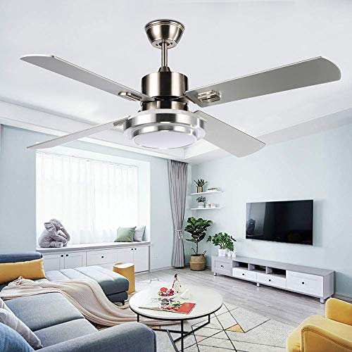 52 Modern Stainless Steel Ceiling Fan With LED Light and Remote Control 4 Wood Reversible Blades Quiet For Indoor Living Room Bedroom