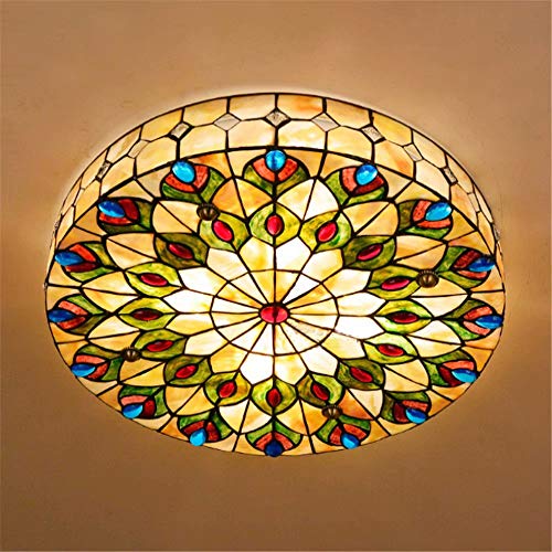20 Wide Vintage Tiffany Ceiling Light Hand-Made Colorful Chandelier Flush Mount Lighting Fixture Lampshade with Mother of Pearl DecorGreen