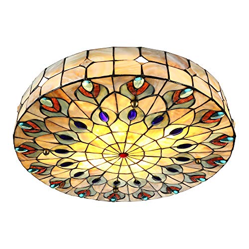 20 Wide Vintage Tiffany Ceiling Light NIUYAO Hand-Made Chandelier Remote Flush Mount Lighting Fixture with Peacock Tail Painting Shade Green 298230