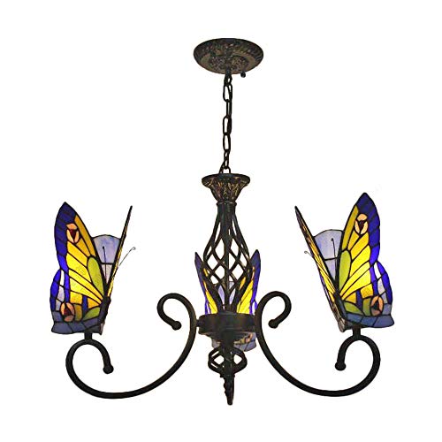 BAYCHEER Tiffany Style Stained Glass Butterfly Chandelier Decorative Hanging Lamp Pendant Lighting Adjustable Ceiling Fixture with Wrought Iron Black Arms 3 Lights for Living Room Dinning Room Kitchen