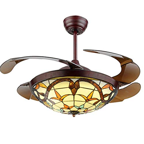 BIGBANBAN 42 Mediterranean Style Ceiling Fans with Light and Remote Tiffany Invisible Chandelier Fans with Retractable Blades Dimmable LED Light Indoor Ceiling Fan Light Kit Brown