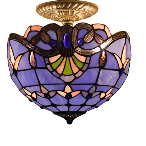 Blue Purple Baroque Tiffany Ceiling Lamp Semi Flush Mount Pendant Hanging Light Fixture 12 Inch Stained Glass Shade for Dinner Room