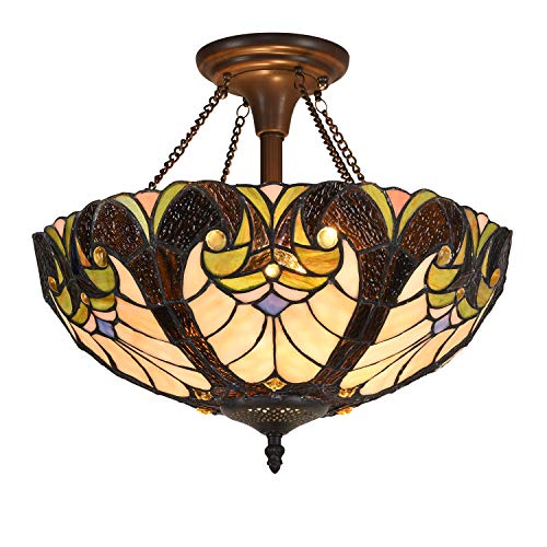 Cotoss Tiffany Ceiling Light Semi Flush Mount Victorian Light 16 inch Antique Stained Glass Ceiling Fixture 2 Light Hanging Lampshade for Dining Room Living Room