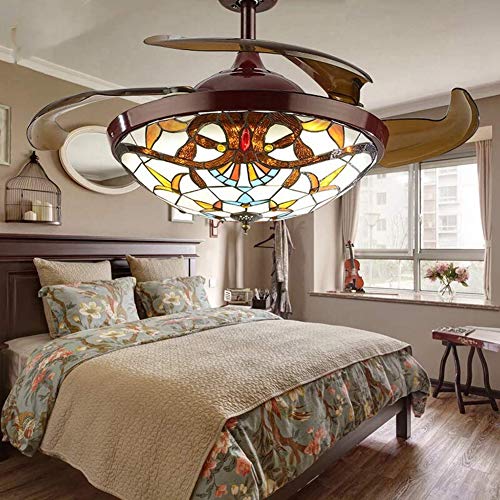 Tiffany Style Ceiling Fans with Lights and Retractable Blades Dark Brown Invisible Fan Chandelier Dimmable Fandelier LED Lighting 42 INCH