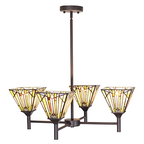 VINLUZ Tiffany Chandeliers 4 Light Stained Glass Shade Kitchen Island Pendant 6-inch Traditional Retro Ceiling Light Fixtures Hanging for Dining Room Living Room Bedroom