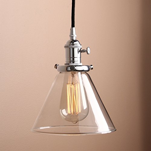 Pathson Loft Vintage 73 Inch Ceiling Hanging Lamp with Round Cone Glass Shade Retro Indutrial Mini Funnel Flared Clear Glass Pendant Light Fixture