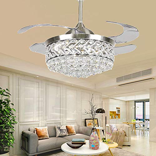 42 Crystal Ceiling Fans Lights with Retractable Blade Modern Fan Chandelier with Remote Control Indoor Fan Lamp for Bedroom Living Room Dining Room LED 3-Color Change Fandelier