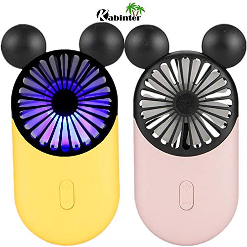 Kbinter Cute Personal Mini Fan Handheld Portable USB Rechargeable Fan with Beautiful LED Light 3 Adjustable Speeds Portable Holder for Indoor Outdoor Activities Cute Mouse 2 Pack YellowPink