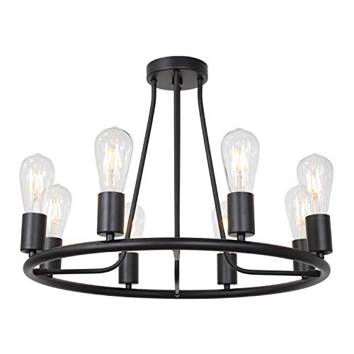 BONLICHT Large Retro Round Farmhouse Chandelier 8 Light Rustic Indoor Ceiling Light Black Metal Flush Mount Lighting Fixture for Kitchen Island Living Room Dining Room Farmhouse