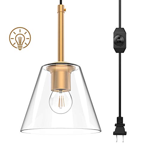 JACKYLED UL Plug in Pendant Light with OnOff Dimmer Switch Clear Glass Gold Hanging Lights Fixture with 15ft Adjustable Cord Indoor Ceiling Light for Kitchen Bedroom Edison LED Bulb Included