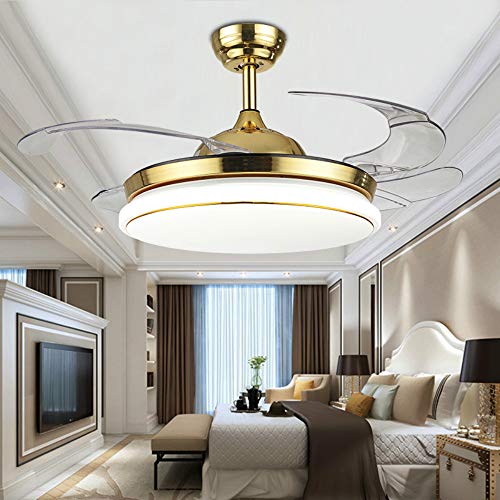 Lighting Groups 42 Retractable Ceiling Fans with LED Light Remote Control 4 Invisible Clear ABS Blades Bedroom Livingroom Diningroom Fan Chandelier Indoor Ceiling Light Kits with Fans 42 Inch Gold
