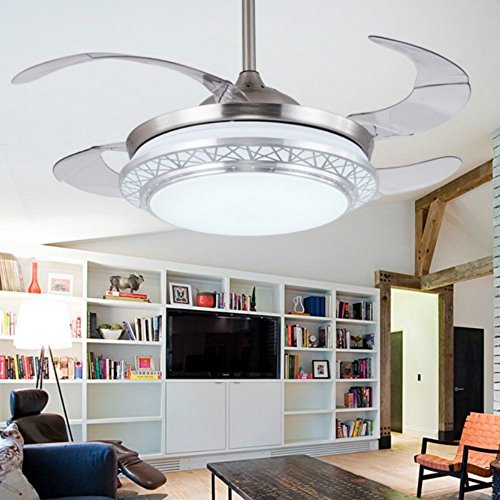 Lighting Groups 42 Retractable Ceiling Fans with LED Light Remote Control 4 Invisible Clear ABS Blades Livingroom Bedroom Fan Chandelier Indoor Ceiling Light Kits with Fans 42 Inch Chrome
