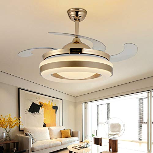 Lighting Groups 42 Retractable Ceiling Fans with LED Light Remote Control 4 Invisible Clear ABS Blades Livingroom Diningroom Fan Chandelier Indoor Ceiling Light Kits with Fans 42 Inch Gold