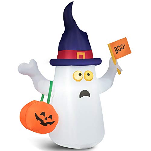 Home Office School Garden Fun Horror Halloween Night Festive Indoor Outdoor Party Decor 5 Feet Inflatable Blow-up Ghost Light with Flag Hat Bag Sturdy Waterproof Fan and LED Bulb 2 Rope 2 Ground Stake