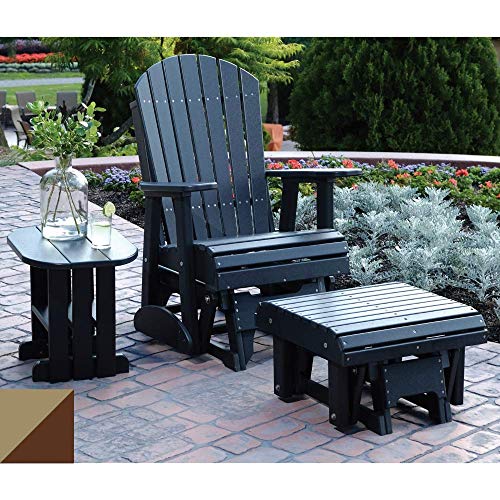 LuxCraft 2 Poly Adirondack Glider Chair with Footrest and Side Table Recycled Plastic Outdoor Furniture 3 Piece Set Weatherwood Chestnut Brown