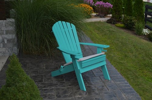 NEW DELUXE 7 SLAT ARUBA BLUE Poly Lumber Wood Folding Adirondack Chair WITH OTTOMAN- Amish Made USA
