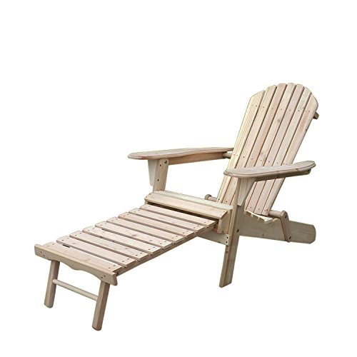 Sliverylake Outdoor Foldable Wooden Adirondack Chair w Pull-out Ottoman Lounge Furniture Beach Patio Deck Garden Seat with Leg Rest