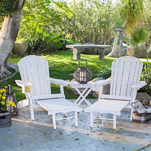 Pair Of Adirondack Chairs With Pull-out Ottoman And Drink Holder And Free Side Table - Whitewash Stained Finish