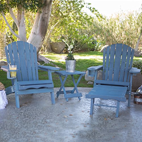 Pair Of Big Daddy Adirondack Chairs With Pull-out Ottoman And Drink Holder And Free Side Table - Blue Stained