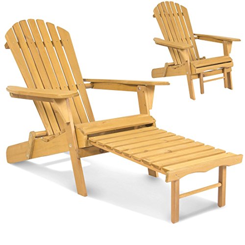 Outdoor Adirondack Wood Chair Foldable w Pull Out Ottoman Patio Deck Furniture