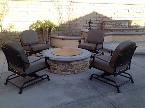 Elizabeth Outdoor Patio 4 Club Rocker Chairs Spring Base Cast Aluminum Dark Bronze Walnut