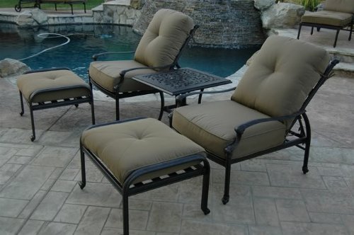 Nassau Outdoor Patio Set 5pc Adjustable Club Chairs Cast Aluminum Dark Bronze Walnut Cushions