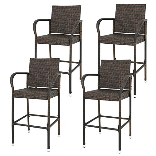 LEMY Outdoor Brown Wicker Rattan Bar Stool All-Weather Patio Furniture Chair Set with Armrest and Footrest Set of 4