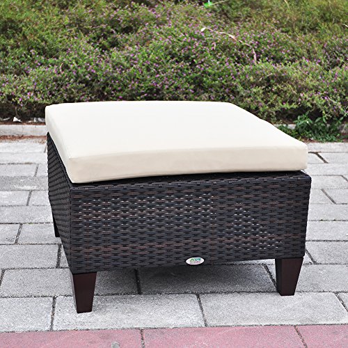 Outdoor Patio Wicker Ottoman Seat with Cushion All Weather Resistant Foot Rest Stool Coffee Table Easy to Assemble