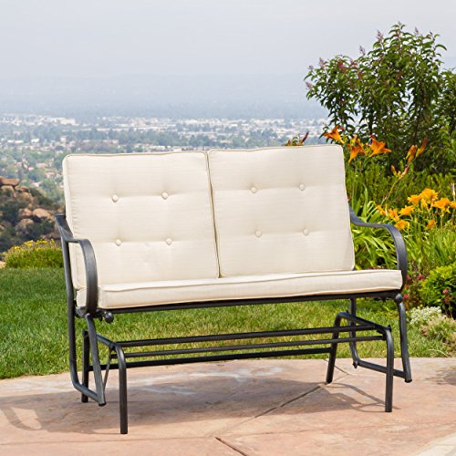 Outdoor Patio Metal Rocker Glider Bench with Beige Cushions