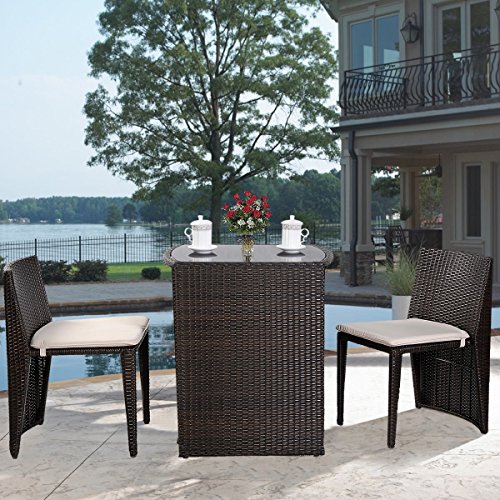 GHP Brown Wicker Cushioned Outdoor Garden Patio Chairs Table Furniture Set