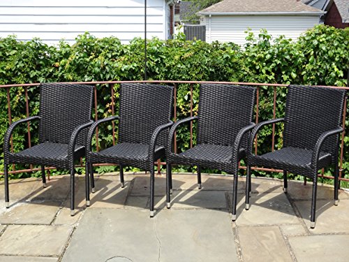 Patio Resin Outdoor Garden Deck Wicker Arm Chair Black Color set Of 4