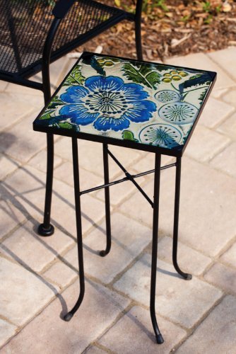Evergreen Garden Z2gm256 Poppy Flower Glass Top Square Patio Side Table