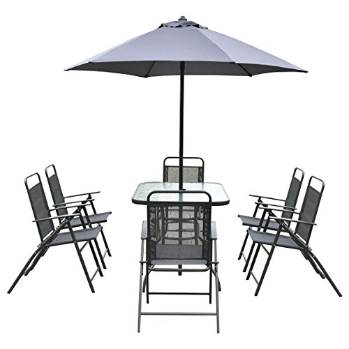 Giantex 8pcs Patio Garden Set Furniture 6 Folding Chairs Table With Umbrella Gray New