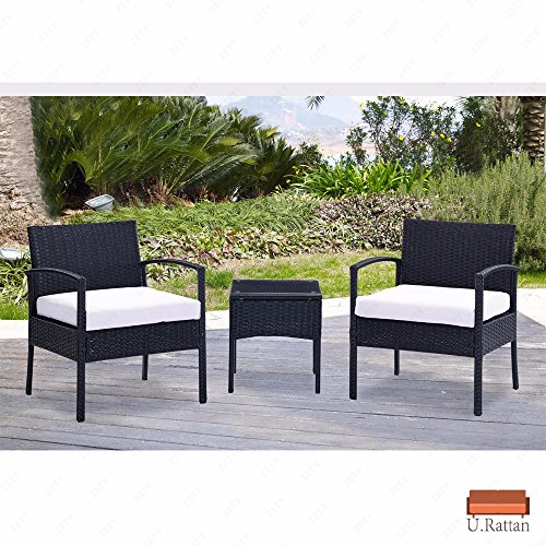 Urattan 3pc Rattan Wicker Furniture Tableamp Chair Set Cushioned Patio Outdoor Garden