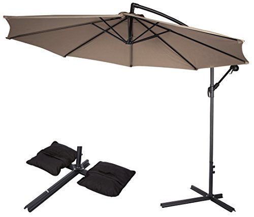 10 Deluxe Polyester Offset Patio Umbrella with Set of 2 Saddlebag Style Sand Weight Bags by Trademark Innovations Tan