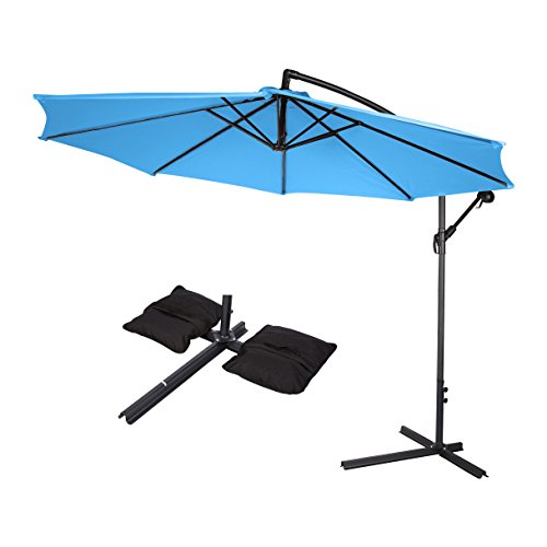 10 Deluxe Polyester Offset Patio Umbrella with Set of 2 Saddlebag Style Sand Weight Bags by Trademark Innovations Teal