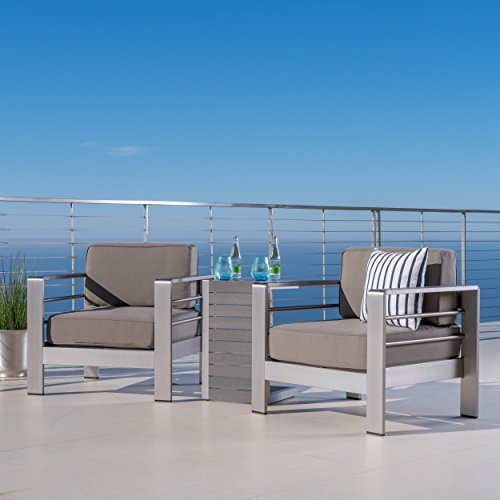 GDFStudio Crested Bay Patio Furniture ~ Outdoor Aluminum Patio Chairs with Side Table Chat SetKhakiNatural