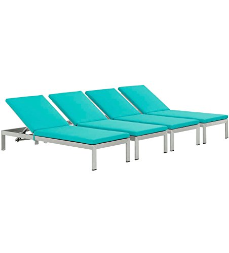 Modern Contemporary Urban Outdoor Patio Balcony Chaise Lounge Chair  Set of 4 Blue Aluminum