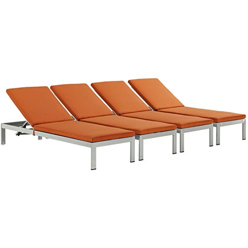Modern Contemporary Urban Outdoor Patio Balcony Chaise Lounge Chair  Set of 4 Orange Aluminum