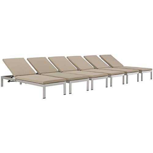 Modern Contemporary Urban Outdoor Patio Balcony Chaise Lounge Chair  Set of 6 Beige Aluminum