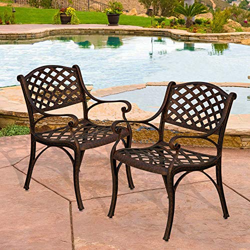 Opse Outdoor Set of 2 Solid-Cast Aluminum Dining Chair Patio Arm Chair for Garden Backyard Antique Bronze