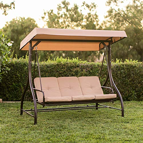 AlekShop Steel Outdoor Swing Sling Fabric 3 Person Beige Chair Sofa Canopy Patio Porch Furniture wConvertible Flatbed Backrest Lounge LoveSeat Garden Yard