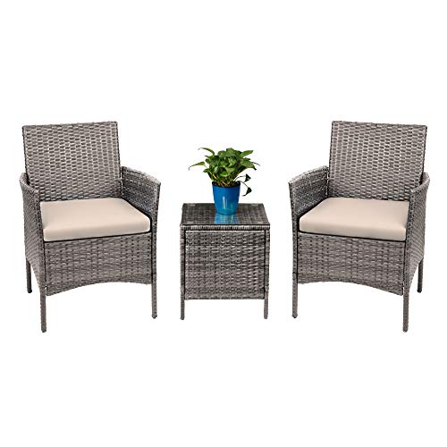 Devoko 3 Pieces Patio Furniture Sets PE Rattan Wicker Chairs with Table Outdoor Garden Porch Furniture Sets Light Grey