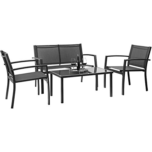 Devoko 4 Pieces Patio Furniture Set Outdoor Garden Patio Conversation Sets Poolside Lawn Chairs with Glass Coffee Table Porch Furniture Black