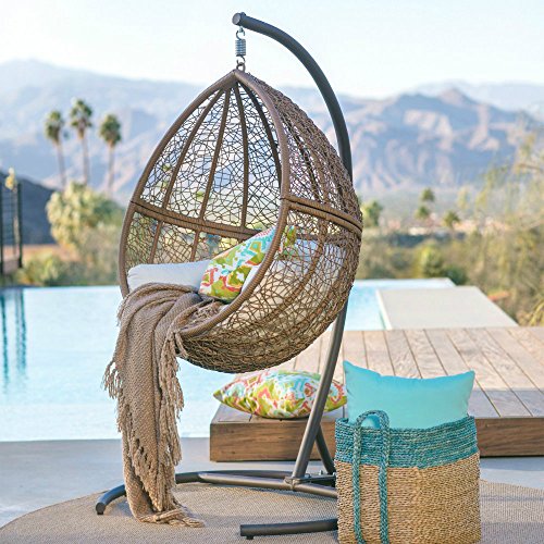 Hanging Egg Chair Tear Drop Resin Wicker with Cushion and Stand Indoor Outdoor Patio Porch Furniture