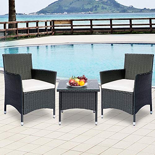 Patio Porch Furniture Sets 3 Pieces Pe Rattan Wicker Chairs Beige Cushion with Table Black Removable Cushions