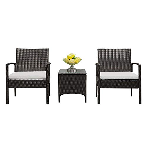 SSLine 3pcs Patio Porch Furniture Set 2 Rattan Chairs with Table Wicker Single Sofa with Cushion Seat and Chairside Coffee Table Garden Balcony Ottoman Furniture Sets